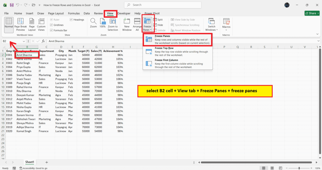 how to freeze rows and columns in excel
