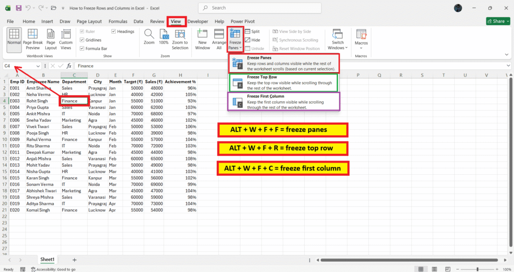 how to freeze rows and columns in excel
