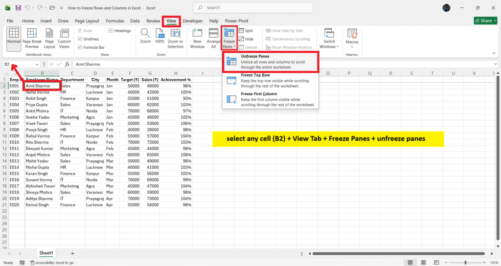 how to freeze rows and columns in excel