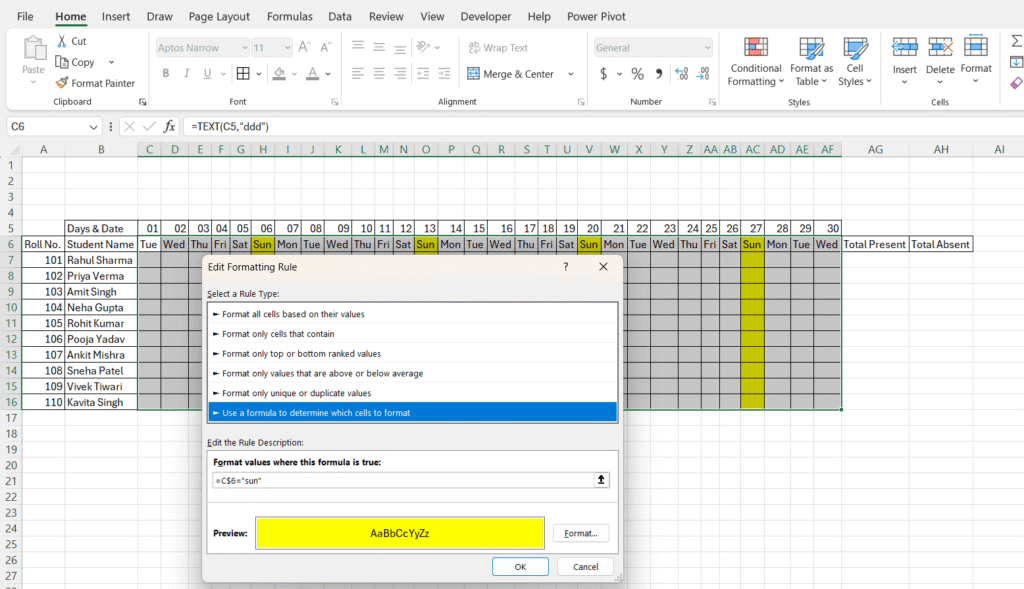 Attendance Sheet Excel Me Kaise Banaye
