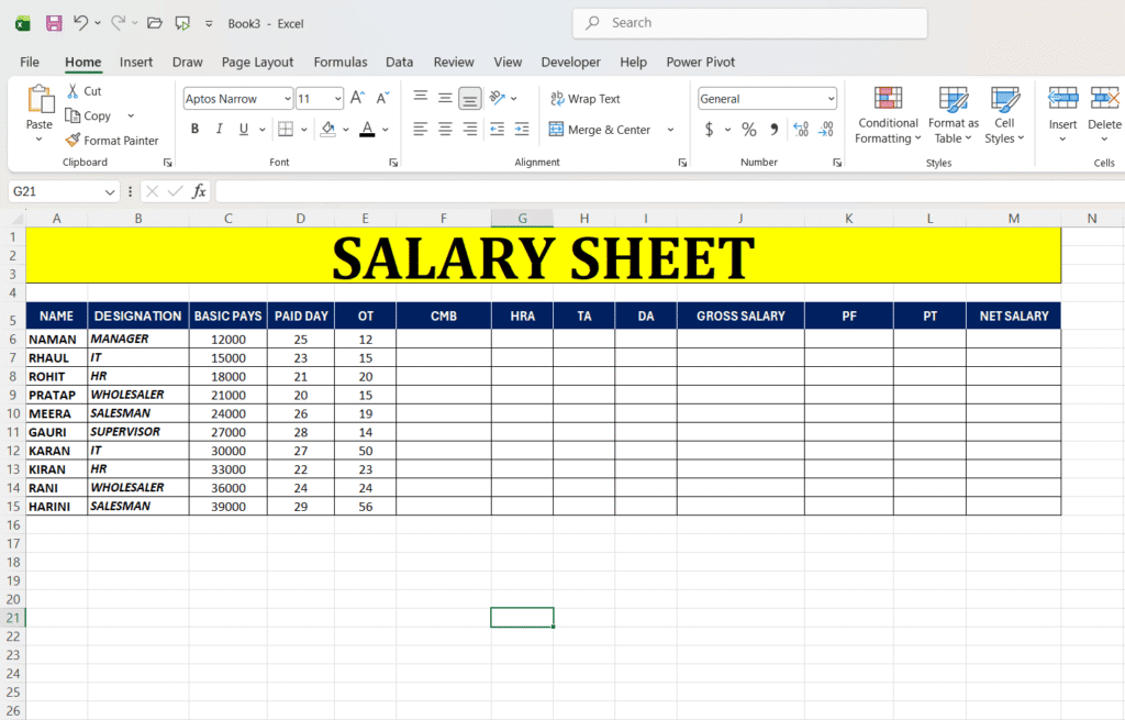 Excel Me Salary Sheet Kaise Banaye