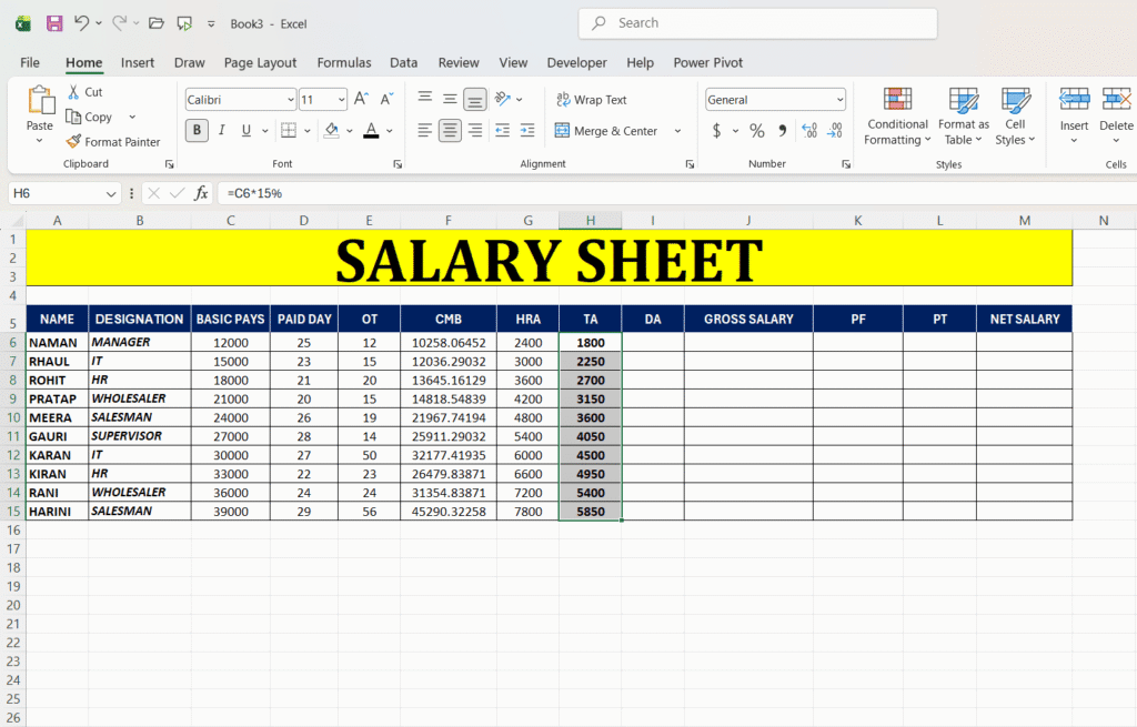 Excel Me Salary Sheet Kaise Banaye