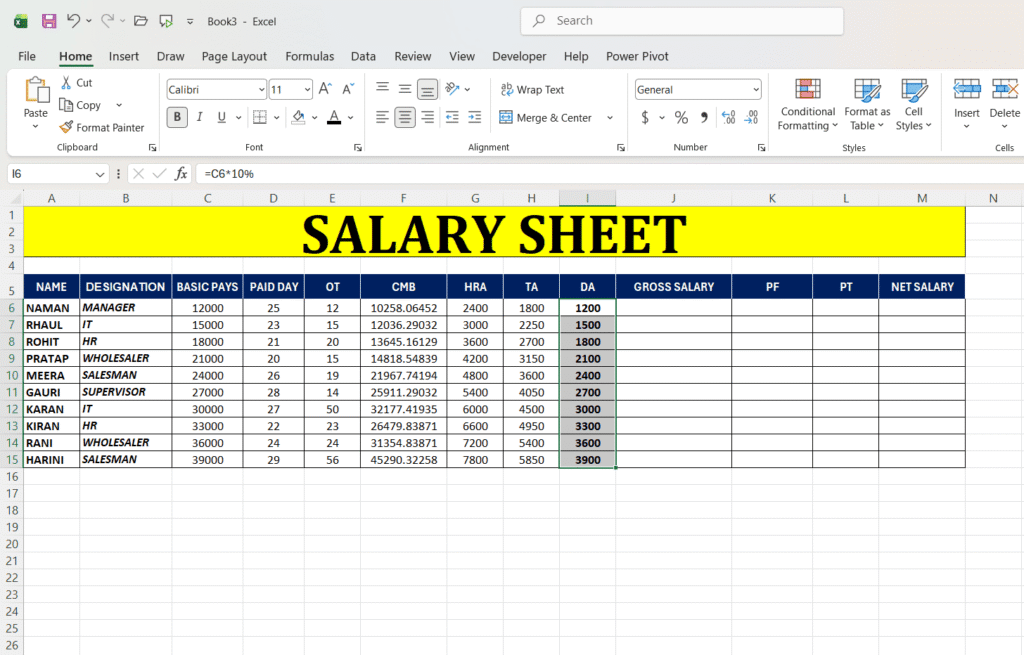 Excel Me Salary Sheet Kaise Banaye