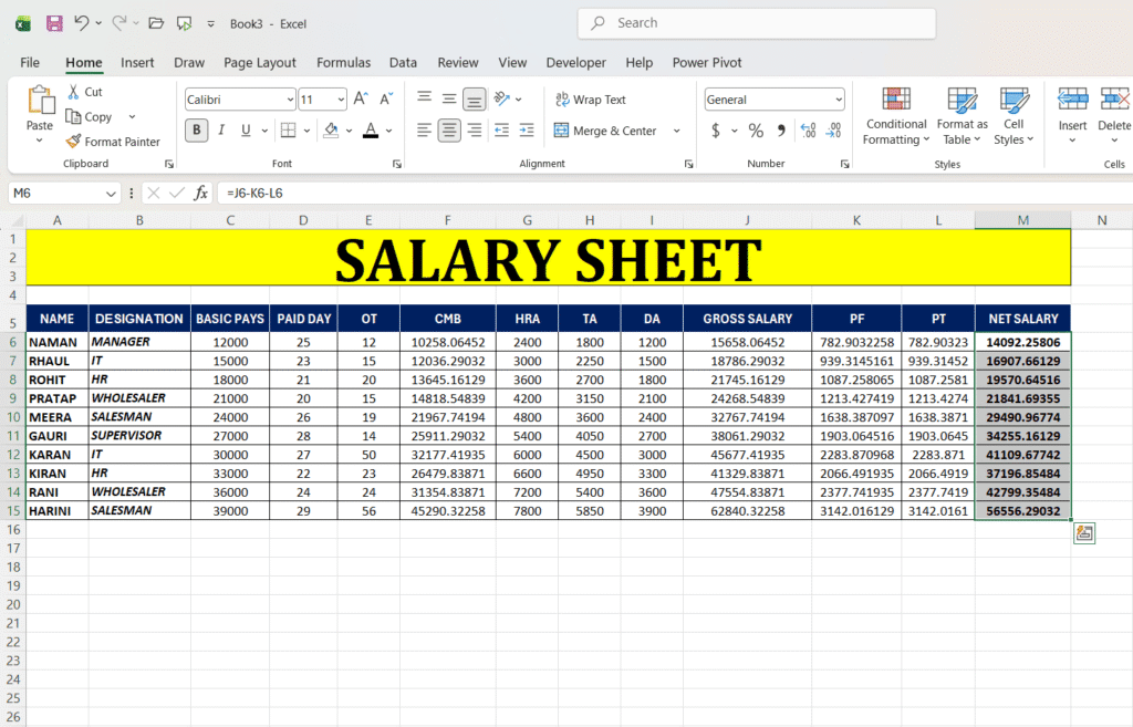 Excel Me Salary Sheet Kaise Banaye