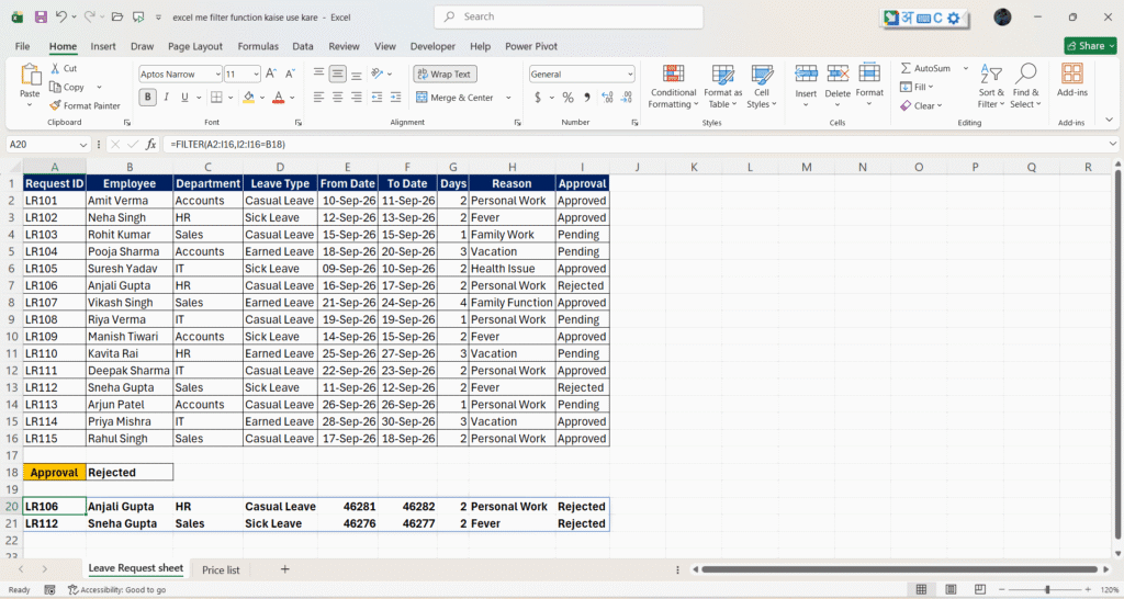 Excel Me FILTER Function Kaise Use Kare